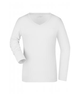 Damen Ladies' Stretch V-Shirt Long-Sleeved White 7986