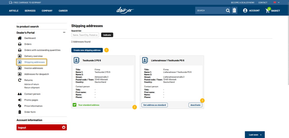 Overview of delivery addresses.